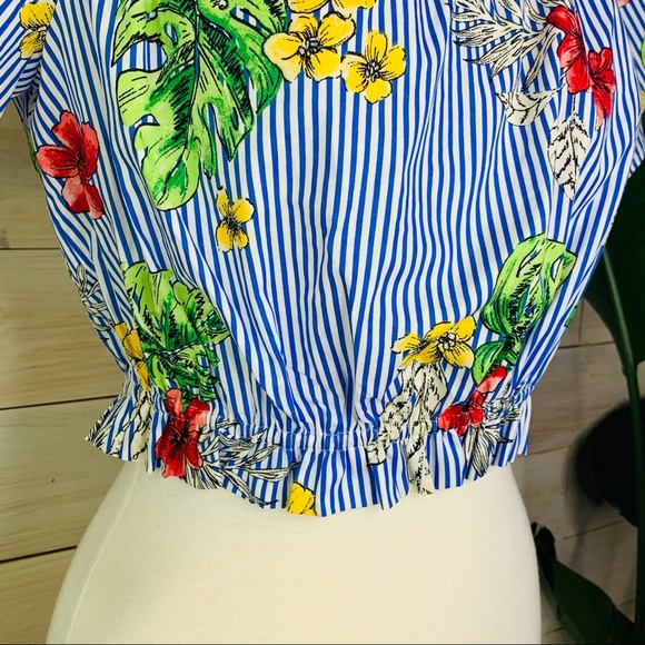 Blue & White Striped Cropped Tropical Floral Flare Top - Picture 6 of 6
